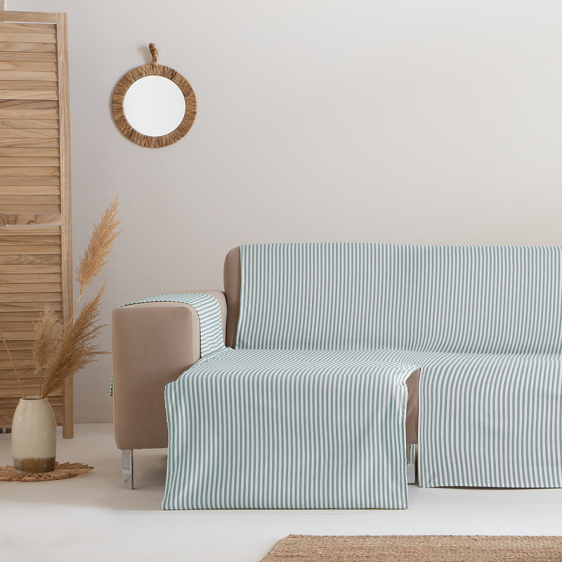 [CSARAAGUA200IZQ] Cubre Sofa Alicante Algodón (Rayas Agua Marina, Chaise Longue 200 izquierdo)