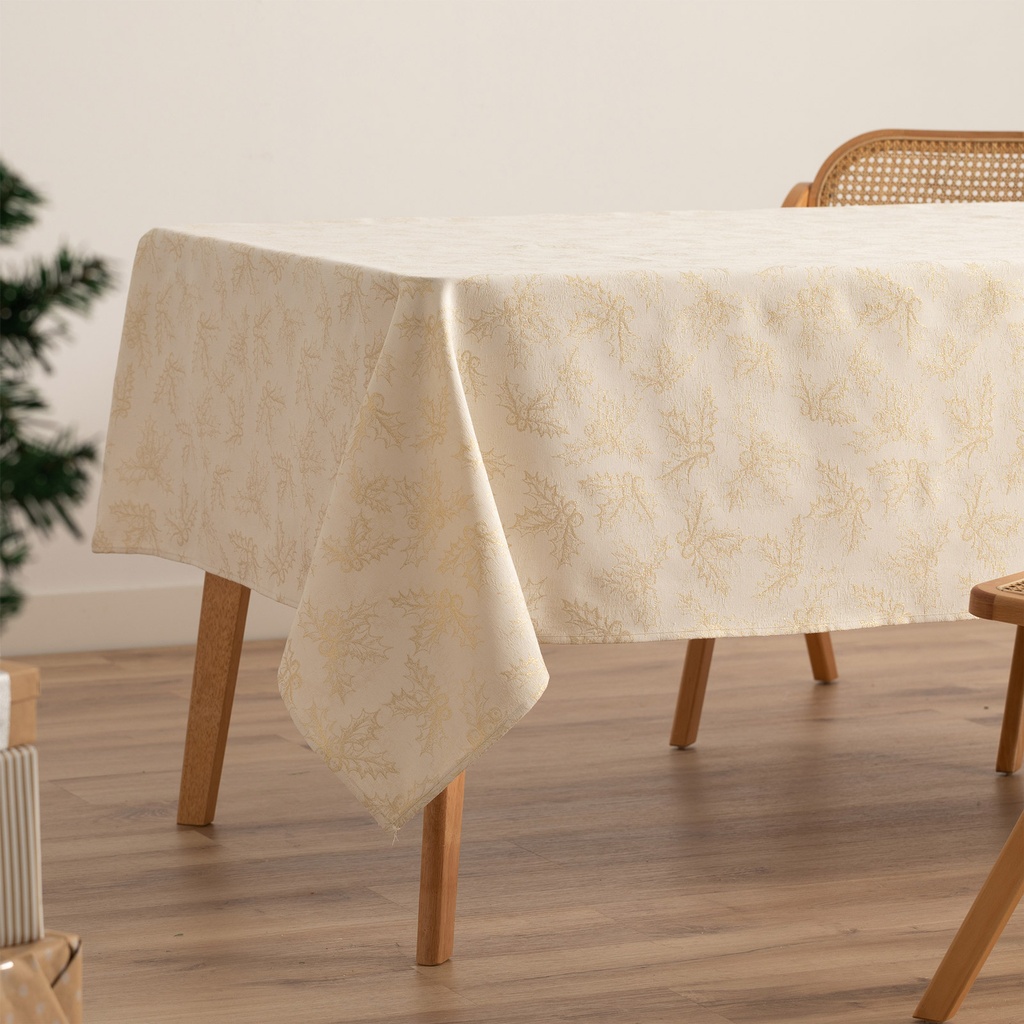 [MNVJQHOLL100-CR] Mantel Jacquard Navidad Holly (Crudo, 140x100 cm)