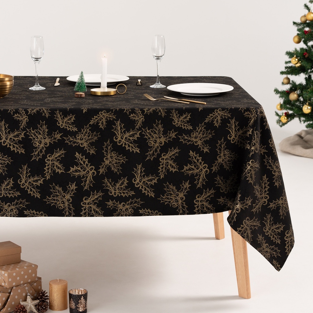 [MNVJQHOLLNEOR-100] Mantel Jacquard Navidad Holly (Negro - Oro, 140x100 cm)