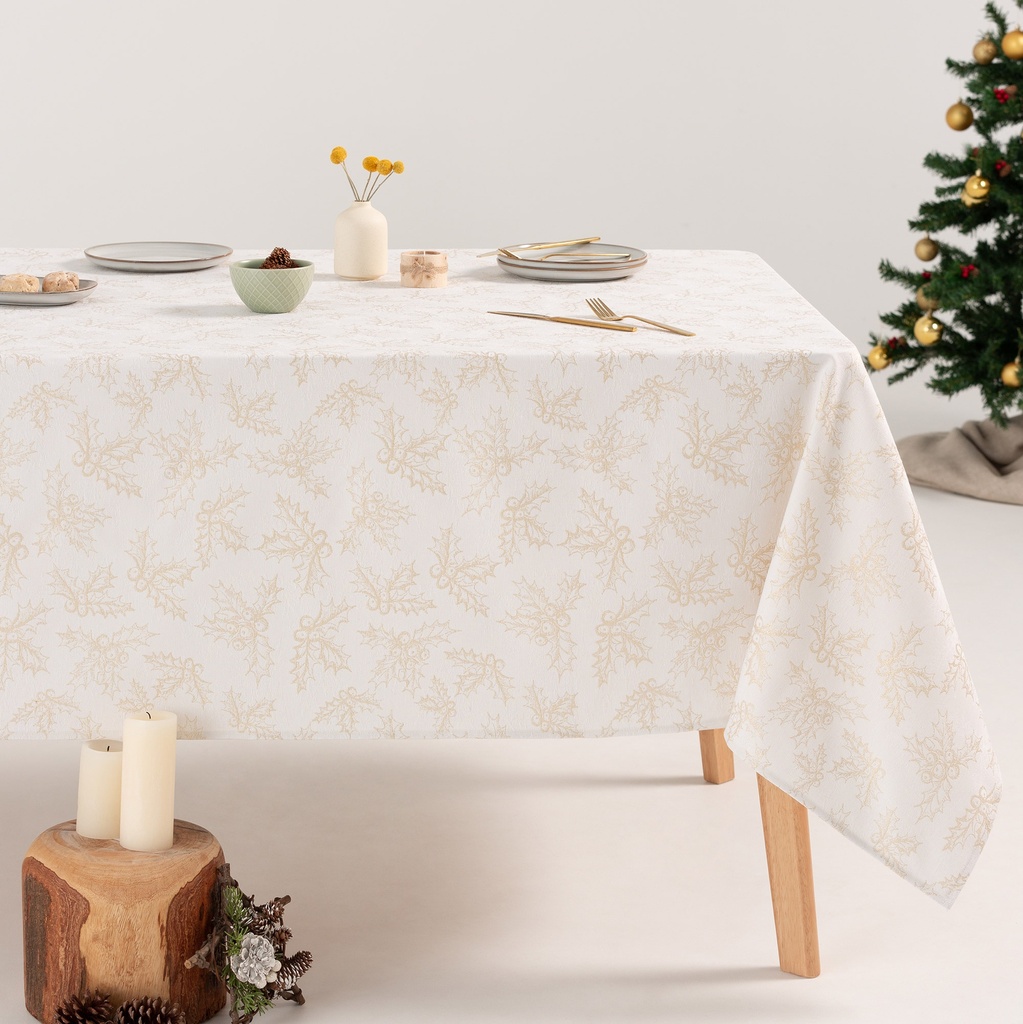 [MNVJQHOLLBLOR-100] Mantel Jacquard Navidad Holly (Blanco - Oro, 140x100 cm)