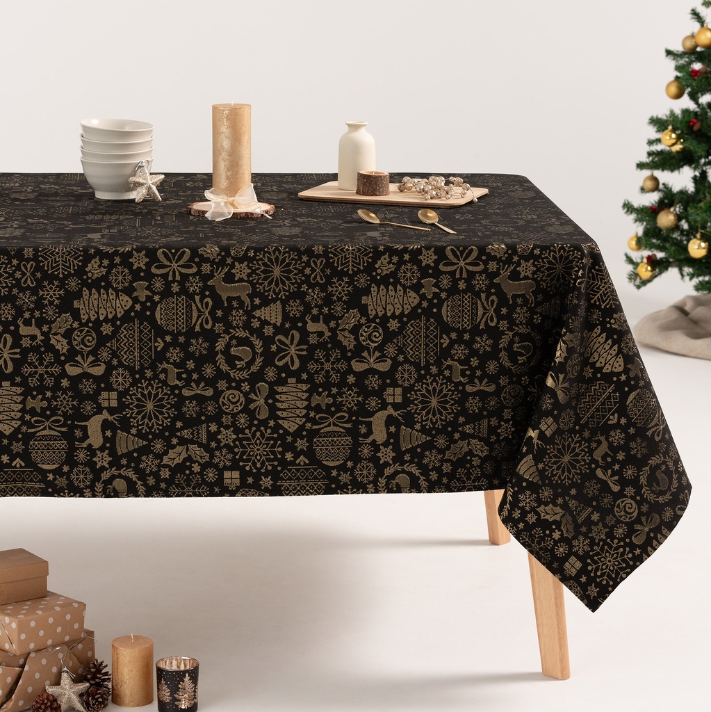 [MNVJQCANDNEOR-100] Mantel Jacquard Navidad Candy (Negro - Oro, 140x100 cm)