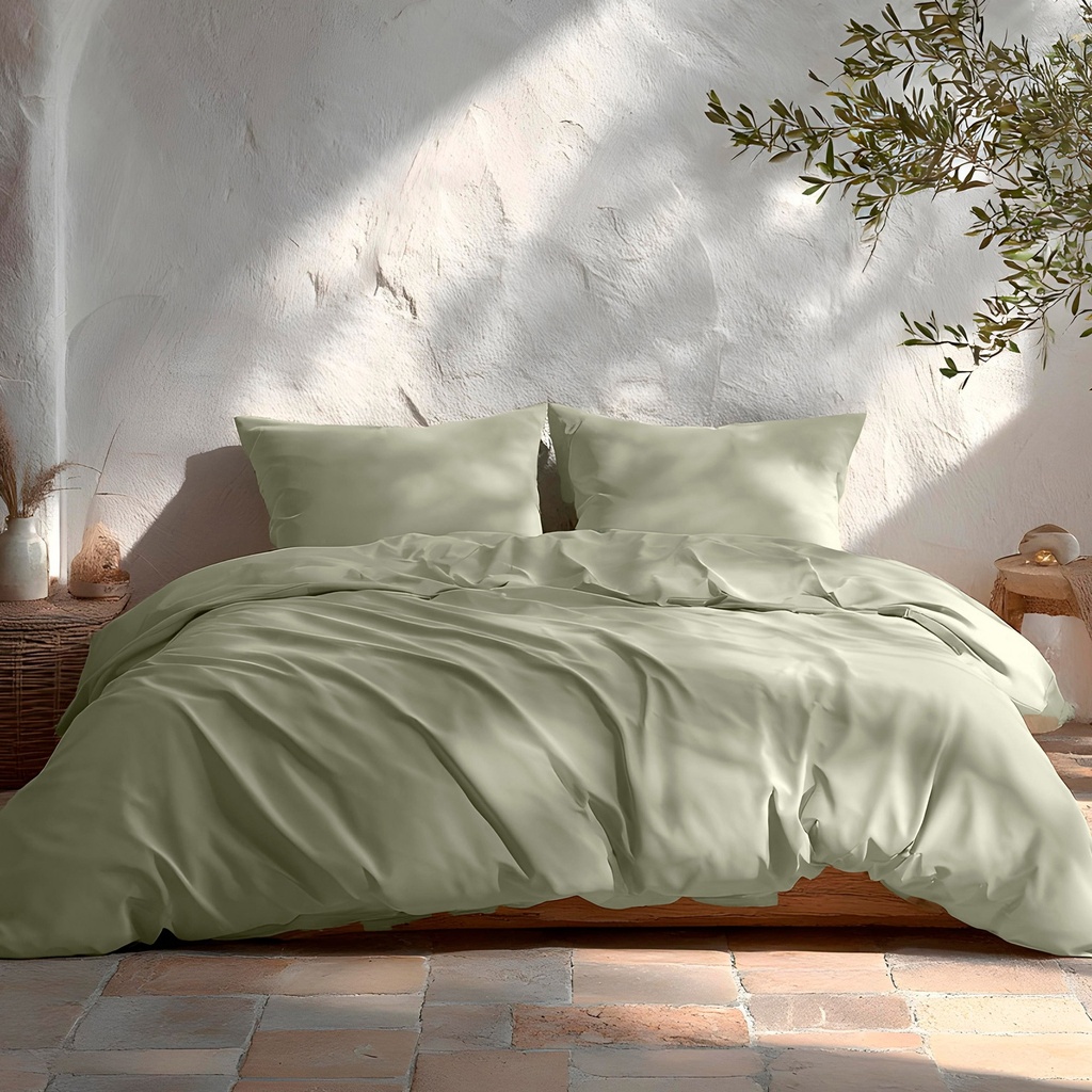 [JFNLIVE-15] Funda nórdica algodón lisa + Funda de almohada (Verde, Cama 80/90 - 150x220 + 45x110)
