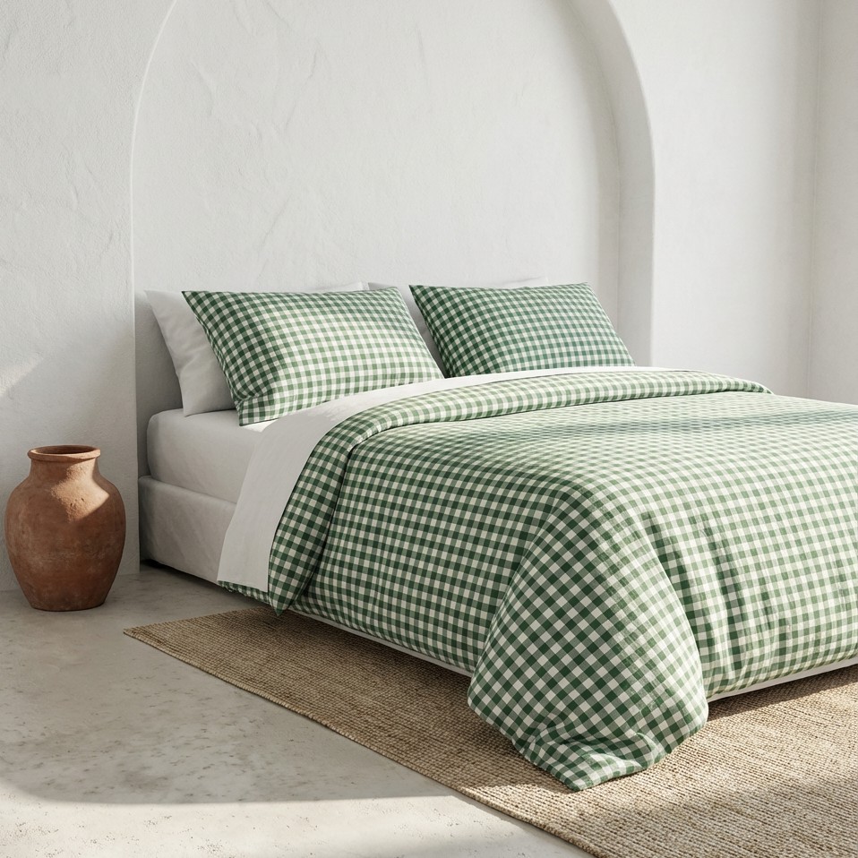 [JFNVICHY150-VE] Funda Nórdica 100% Algodón VICHY + Funda de Almohada (Verde, Cama 80/90 - 150x220 cm + 45x110 cm)