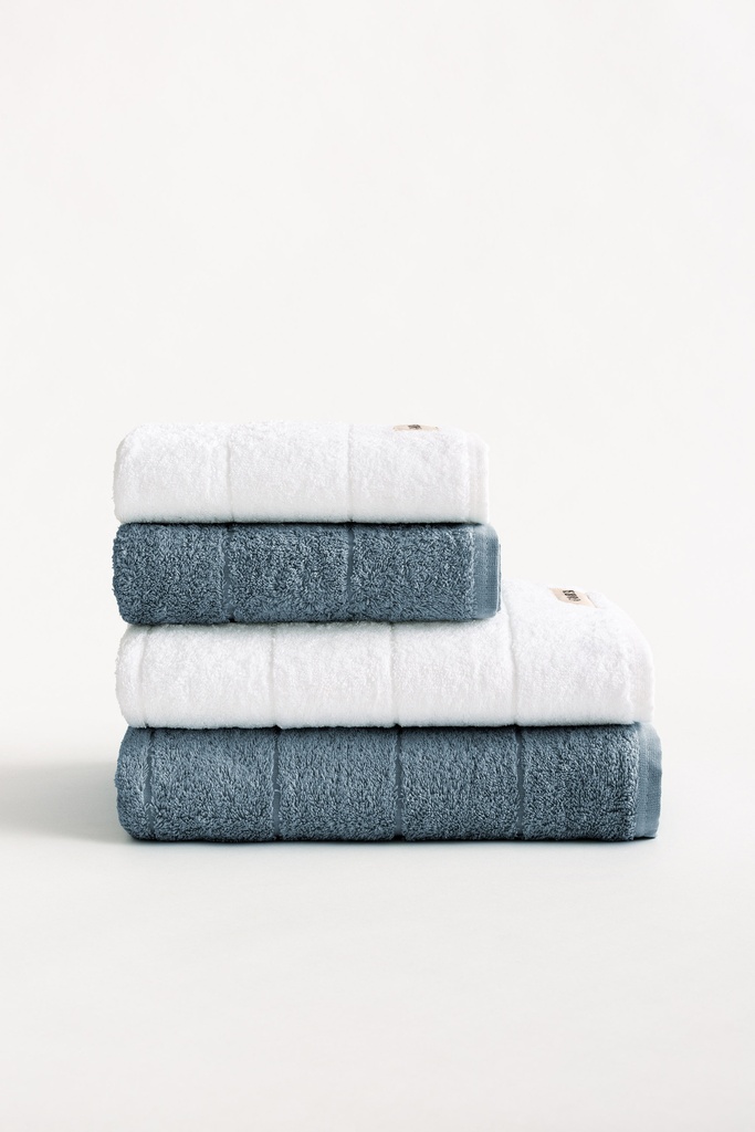 [SET4TOALGTERRY-BlAz-70] Set 4 Toallas Rizo 100% Algodón 600 gr TERRY (Blanco - Azul, Ducha: (2) 50x100 cm + (2) 70x140 cm)