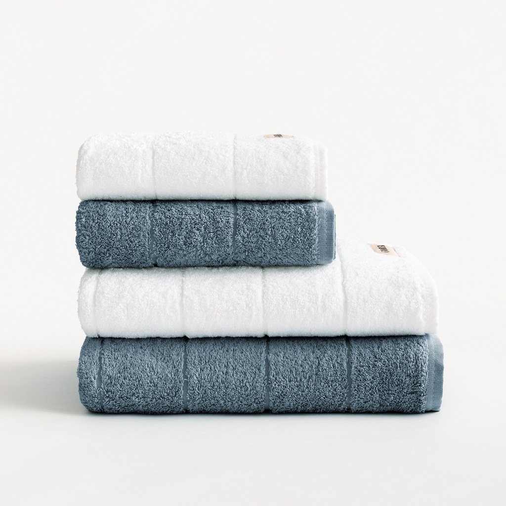 [SET4TOALGTERRY-BlAz-70] Set 4 Toallas Rizo 100% Algodón 600 gr TERRY (Blanco - Azul, Ducha: (2) 50x100 cm + (2) 70x140 cm)
