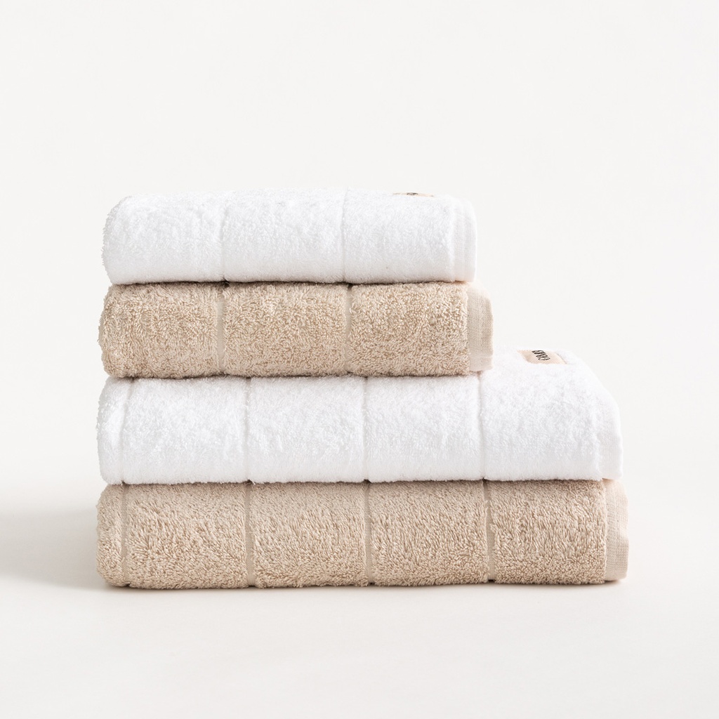 [SET4TOALGTERRY-BlPi-70] Set 4 Toallas Rizo 100% Algodón 600 gr TERRY (Blanco - Piedra, Ducha: (2) 50x100 cm + (2) 70x140 cm)