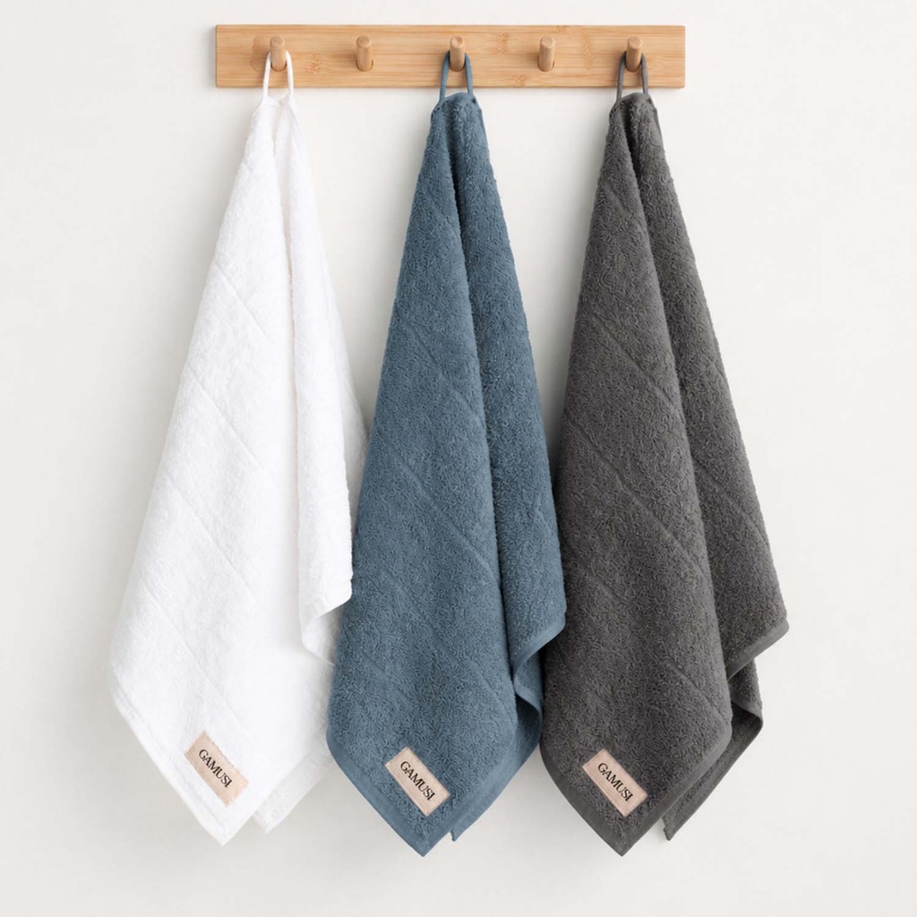 [SET3PANTERRY-BlAzAn-50] Pack 3 Paños Rizo 100% Algodón 600 gr - 50x70 cm (Blanco - Azul - Antracita)