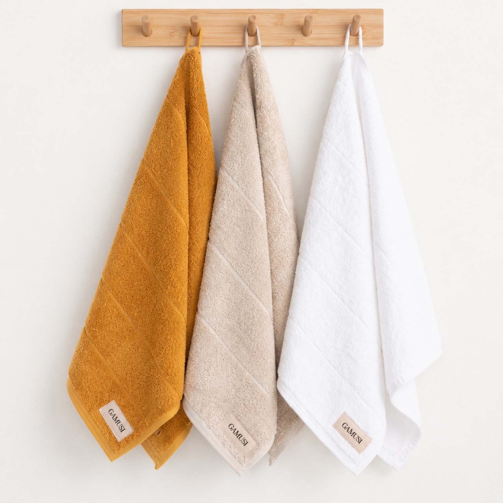 [SET3PANTERRY-MoBeBl-50] Pack 3 Paños Rizo 100% Algodón 600 gr - 50x70 cm (Mostaza - Beige - Blanco)