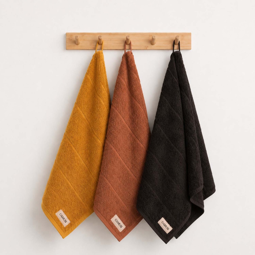 [SET3PANTERRY-MoTeNe-50] Pack 3 Paños Rizo 100% Algodón 600 gr - 50x70 cm (Mostaza - Teja - Negro)