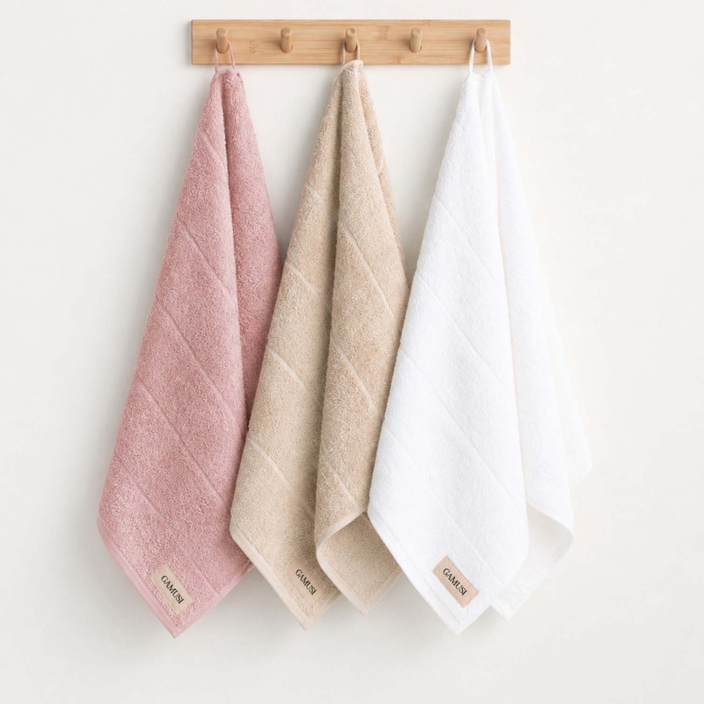 [SET3PANTERRY-RoPiBl-50] Pack 3 Paños Rizo 100% Algodón 600 gr - 50x70 cm (Rosa - Piedra - Blanco)