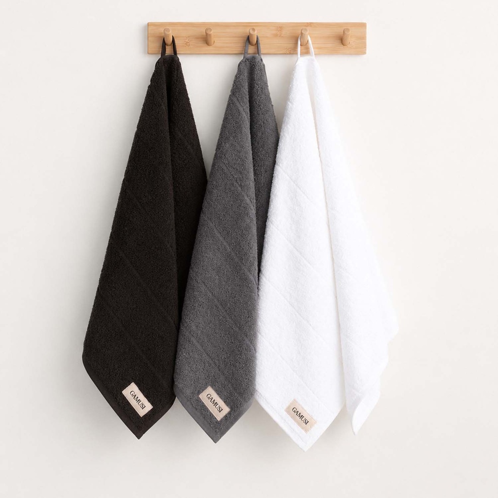 [SET3PANTERRY-NeAnBl-50] Pack 3 Paños Rizo 100% Algodón 600 gr - 50x70 cm (Negro - Antracita - Blanco)