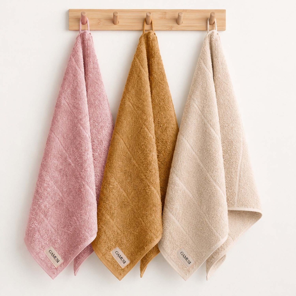 [SET3PANTERRY-RoMoPi-50] Pack 3 Paños Rizo 100% Algodón 600 gr - 50x70 cm (Rosa - Mostaza - Piedra)