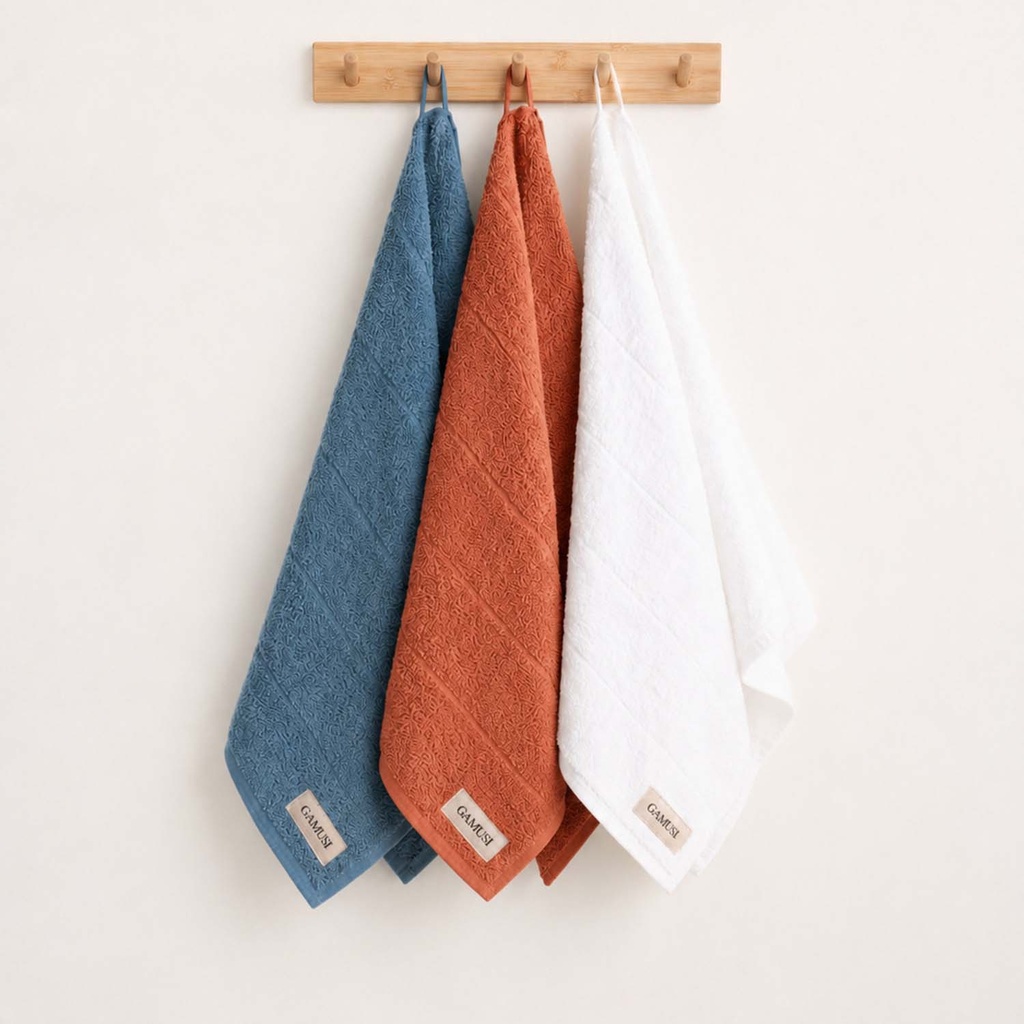 [SET3PANTERRY-AzTeBl-50] Pack 3 Paños Rizo 100% Algodón 600 gr - 50x70 cm (Azul - Teja - Blanco)