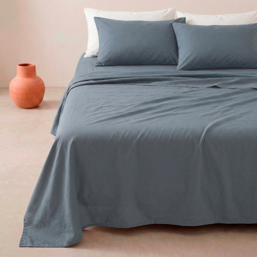 [JS100%ALG80-AZ] Juego de sábanas lisa 100% algodón (Azul, 080 cm)